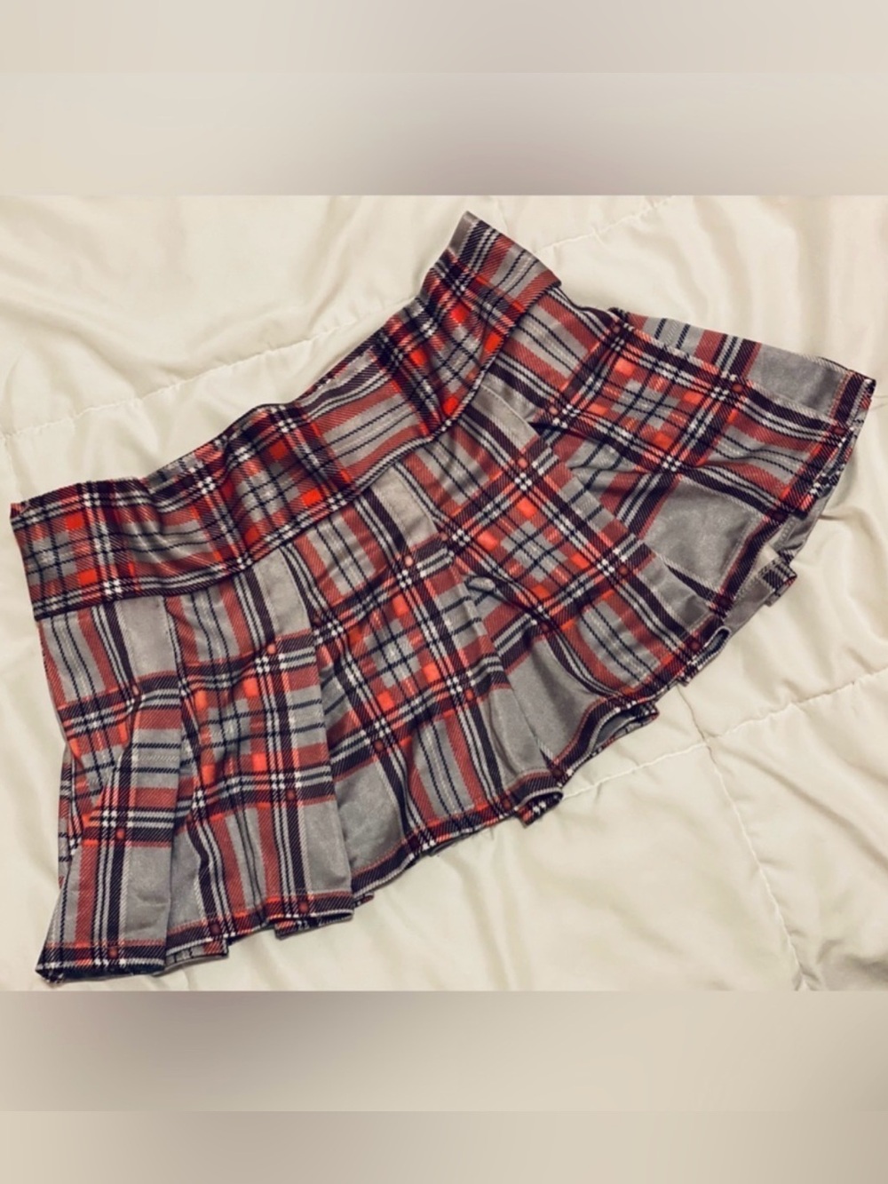 Red and Gray Plaid Pleated Mini Skirt - Women's Schoolgirl Style